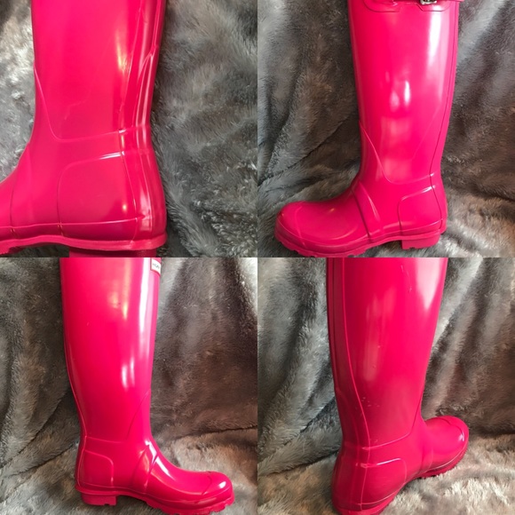 Bright, hot pink tall glossy Hunter rain boots ☔️ - Picture 3 of 8